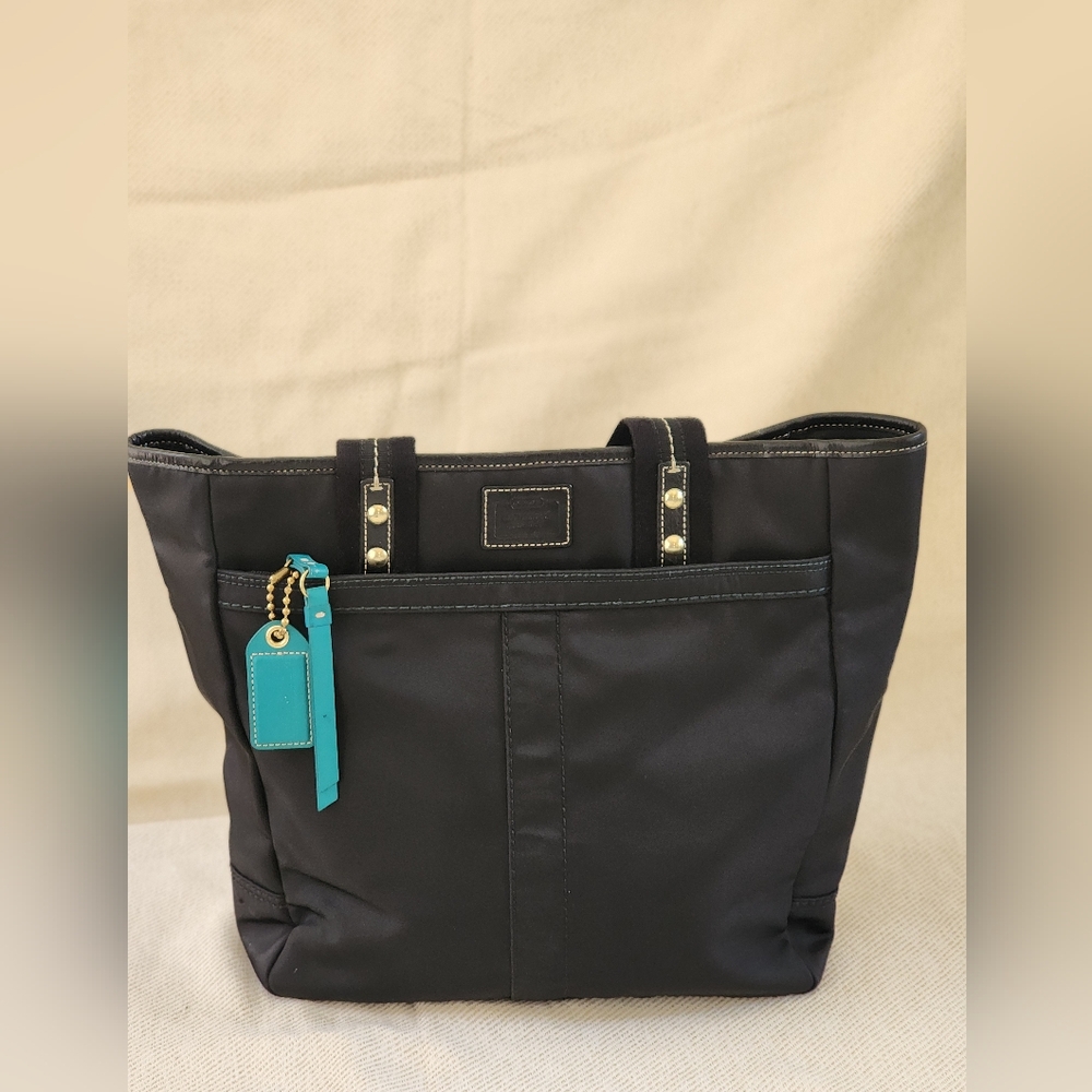 COACH Black Teal Nylon Hand Bag Purse Short Handle Zippered Bag EUC